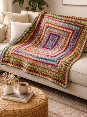 Handmade Crochet Granny Square Blanket Colorful Boho Throw 59x49